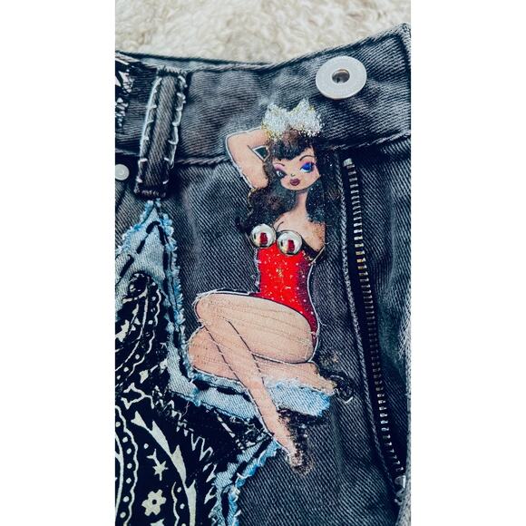 Women's Cotton On Black Denim Mini Skirt , Reworked, skulls, stars, patches pins - Picture 5 of 8